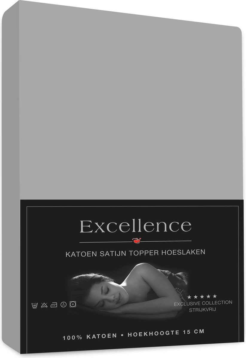 Senzatione katoen satijn Hoeslaken Topper Grijs Zilver - 180x200+15