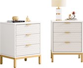 TRIBESIGNS Table de chevet 2 pcs - Tables de chevet en bois - Table de chevet avec 3 tiroirs - Wit et or - Tables de chevet Modernes - 40 x 50 x 65,5 cm