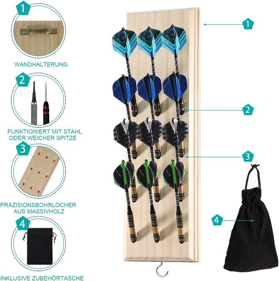 Wandgemonteerde darthouder massief houten - opbergtas voor 12 zachte of stalen tip darts - metalen haken - accessoires - originele houtkleur van Zweezle — afbeelding 5