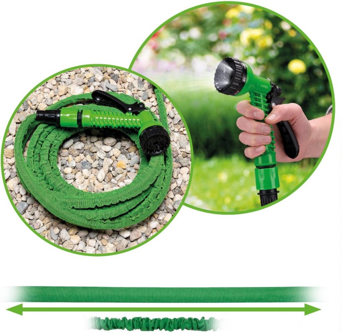 Kinzo Flexibele Tuinslang 20M - Incl. Opzetstuk - Sproeikop met 7 Spraystanden - Kunststof - Groen/Grijs thumbnail 4
