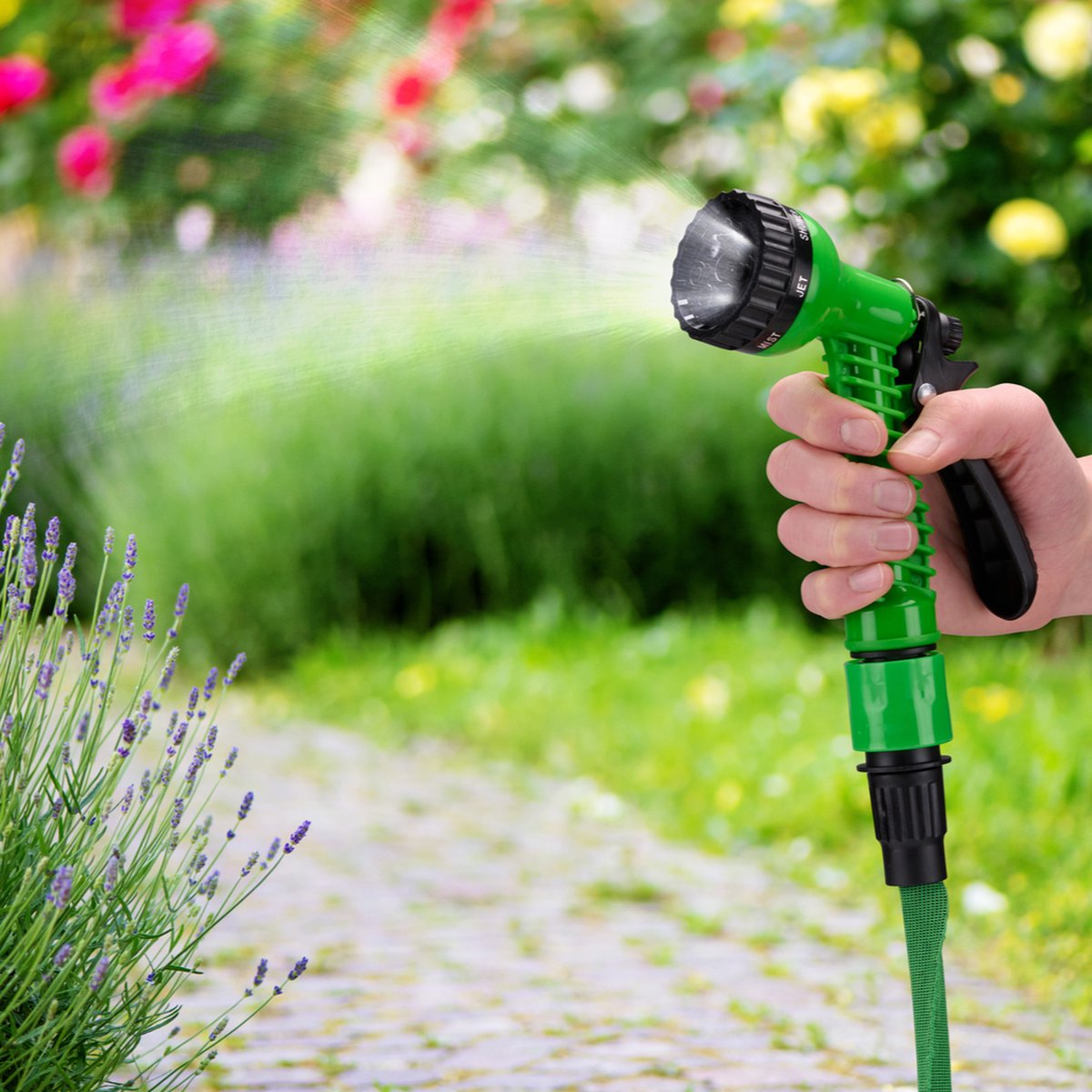 Kinzo Flexibele Tuinslang 20M - Incl. Opzetstuk - Sproeikop met 7 Spraystanden - Kunststof - Groen/Grijs thumbnail 3