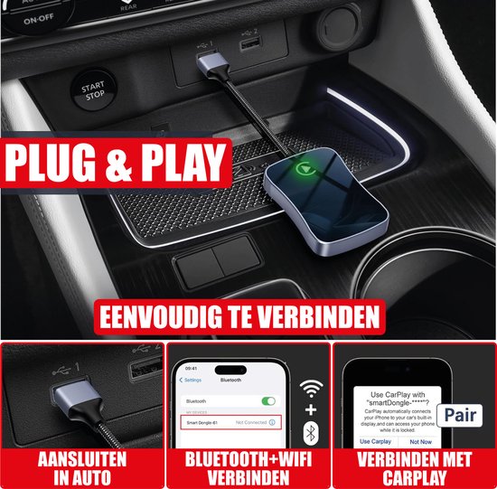 CoverMore Play Bluetooth Adapter geschikt voor Apple CarPlay - Draadloze Dongle Auto - Ontvanger Car Play - USB-A en USB-C - Nederlandse Interface - Geschikt Voor iPhone 15/14/13/12/11/X van CoverMore — afbeelding 5