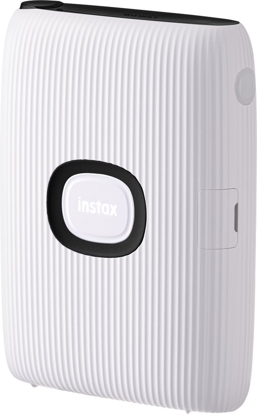 Witte Instax Mini Link 2 printer met verticale ribbels en zwart omlijst 'instax'-logo.