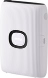 Witte Instax Mini Link 2 printer met verticale ribbels en zwart omlijst 'instax'-logo.