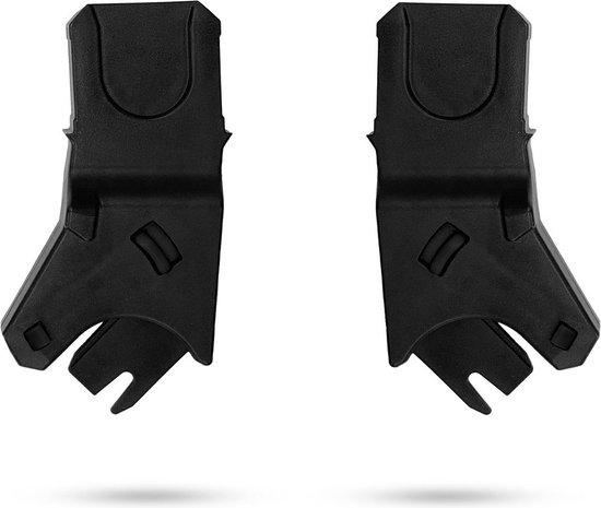 Twee zwarte universele adapters voor een kinderwagen en babyzitje.