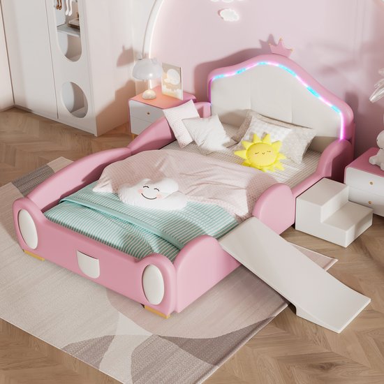 Foto: Sweiko kinderbed crown cartoon bed met veelkleurige multi mode led strip gestoffeerd bed met kleine glijbaan en trap met beschermende zachte randen met houten latten pu roze beige 90x200cm