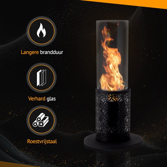 Sfeerhaard met glas en metalen houder met patroon, brandende vlammen. "Langere brandduur", "Verhard glas", "Roestvrij staal".