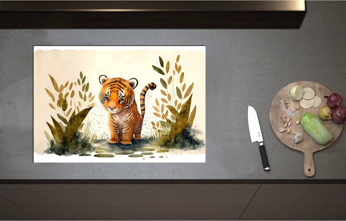 Inductieplaat Beschermer - Cartoon Tekening van Tijger Welpje tussen de Planten - 75x51 cm - 2 mm Dik - Inductie Beschermer - Bescherming Inductiekookplaat - Kookplaat Beschermer van Zwart Vinyl