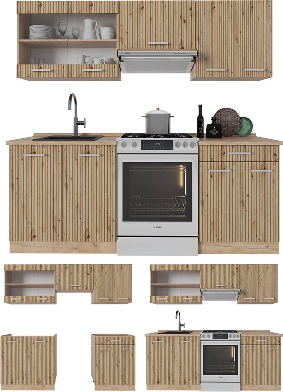 Vicco Elément de cuisine complet R- Line, Chêne artisanal/Chêne Gold Kraft/Chêne doré puissant, 200 cm sans plan de travail