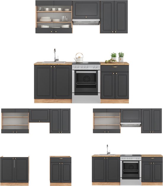 Vicco Fame- Line Meuble de cuisine complet – 200 cm, WB Chêne Anthracite Country House/ Goud Kraft Oak, WB Chêne