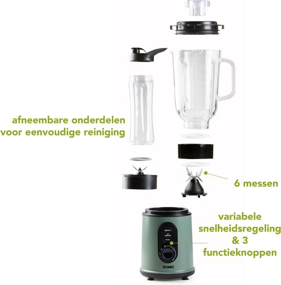DOMO DO734BL Blender - 'Blend & Balance' - Glazen Kan - 1,5L - Drinkbeker 600ml - 800 W - Smoothie Maker - Groen van Domo — afbeelding 3