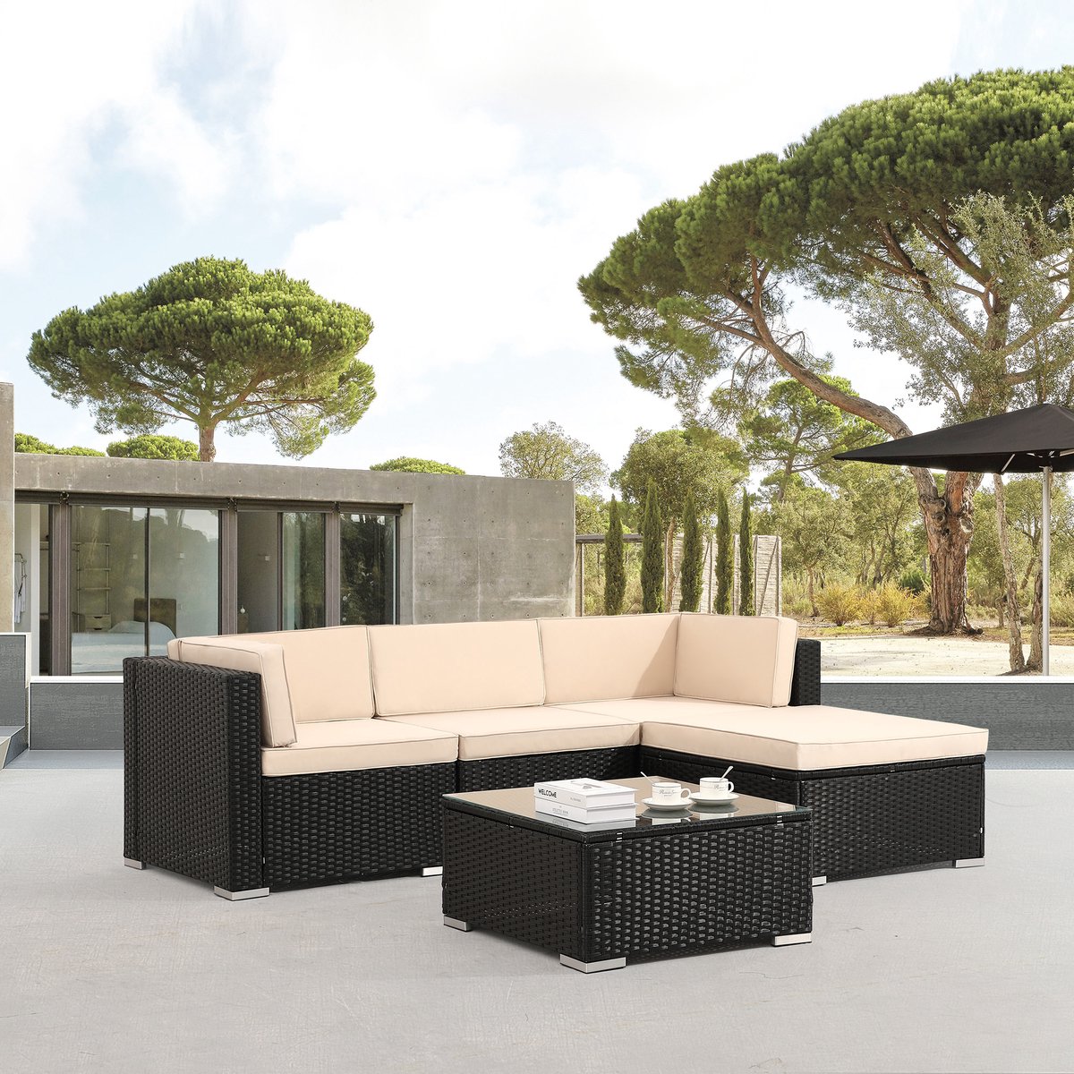 Arebos Loungesets 4 personen Loungeset Tuinmeubels Loungeset Balkon Lounge Set Incl. zitkussen UV-bestendig polyrotan tafel met glasplaat vrij te combineren