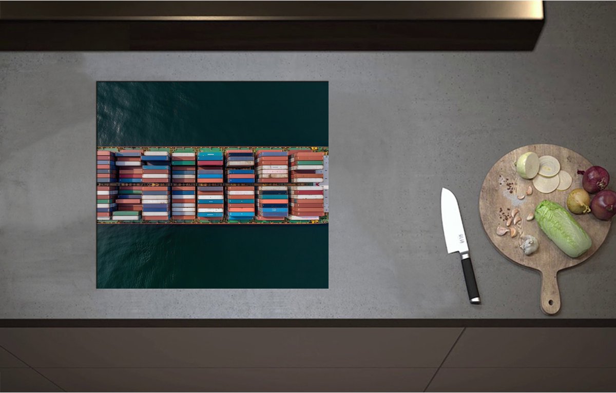 Inductieplaat Beschermer - Bovenaanzicht van Vrachtschip op Oceaan - 57x51 cm - 2 mm Dik - Inductie Beschermer - Bescherming Inductiekookplaat - Kookplaat Beschermer van Wit Vinyl