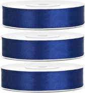 3x Hobby / décoration rubans de satin bleu foncé 1,2 cm / 12 mm x 25 mètres - Rubans cadeaux rubans / rubans de satin - Rubans bleu foncé - Matériel de loisirs - Matériel d'emballage