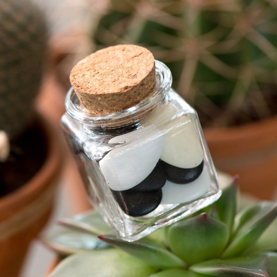 Petite bouteille carrée en verre avec bouchon en liège, remplie de bonbons noirs, blancs et crème.