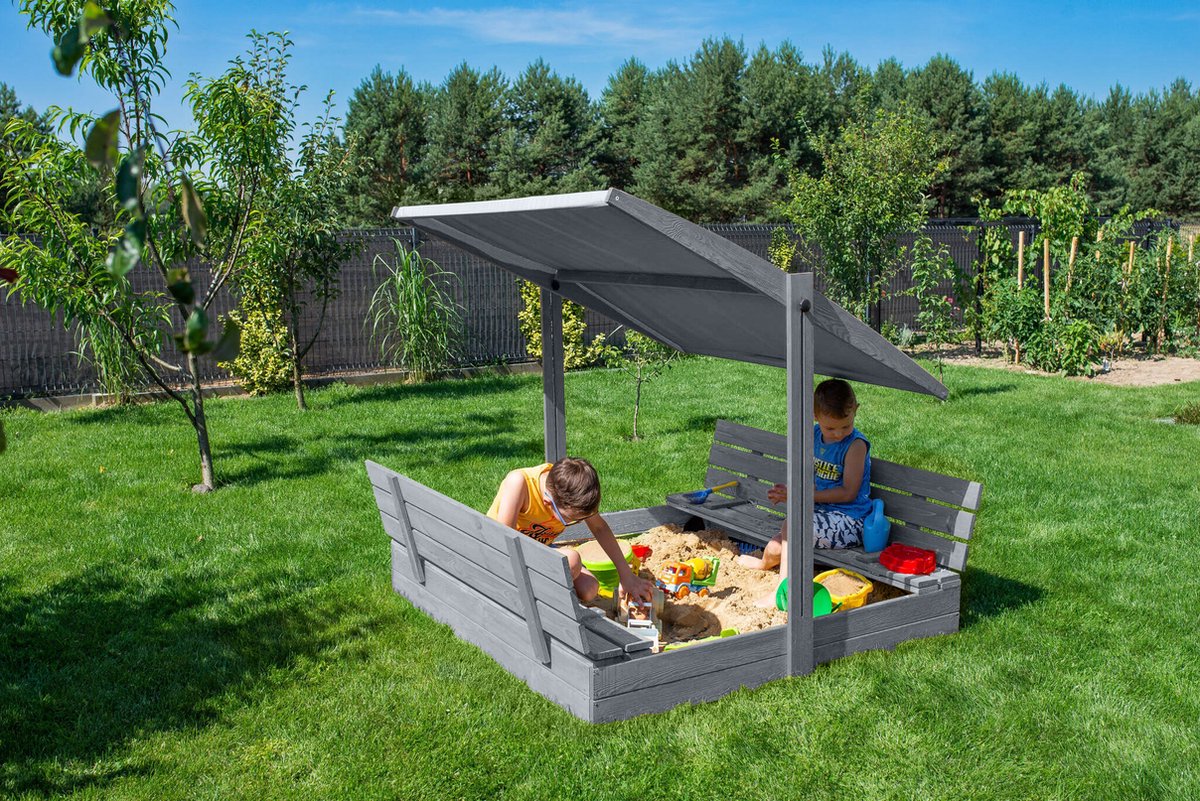Afsluitbare XL Zandbak met Dak 140x140 cm – Gecertificeerd & Geïmpregneerd Hout | Incl. AFDEKZEIL, GRONDDOEK & Montagevideo | Voor 2-3 Kinderen | Grijs — afbeelding 2