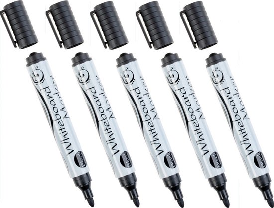 Vijf zwarte whiteboard markers met zwarte dopjes. De tekst 'Whiteboard Marker' staat op de witte stiften.