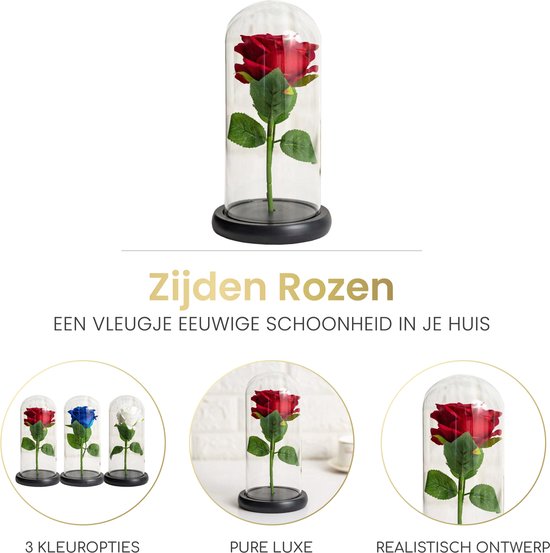 Zijden rozen in glazen stolpen: rode, blauwe en witte opties. Pure luxe, realistisch ontwerp.