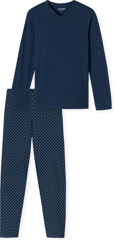 Donkerblauwe pyjamaset van een longsleeve shirt en een broek met ruitpatroon.