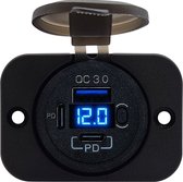 ProRide 12V USB C Stopcontact 3 Poorten Inbouw met Schakelaar/Voltmeter - QC3.0 - USB C Autolader, Boot en Camper - Complete set - Blauw