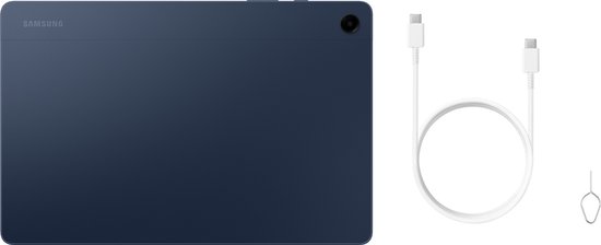 Achterkant van donkerblauwe Samsung Galaxy Tab A9+. Inclusief USB-C kabel en SIM-kaart pin.