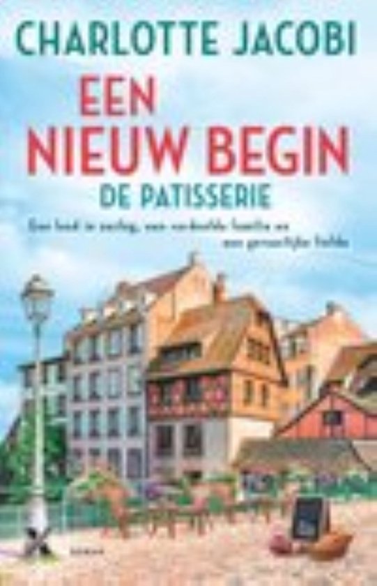 Boek "Een nieuw begin" van Charlotte Jacobi, met een sfeervol gebouwde straat.