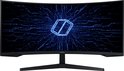 Gebogen Samsung monitor met een blauw digitaal patroon en een abstract logo.