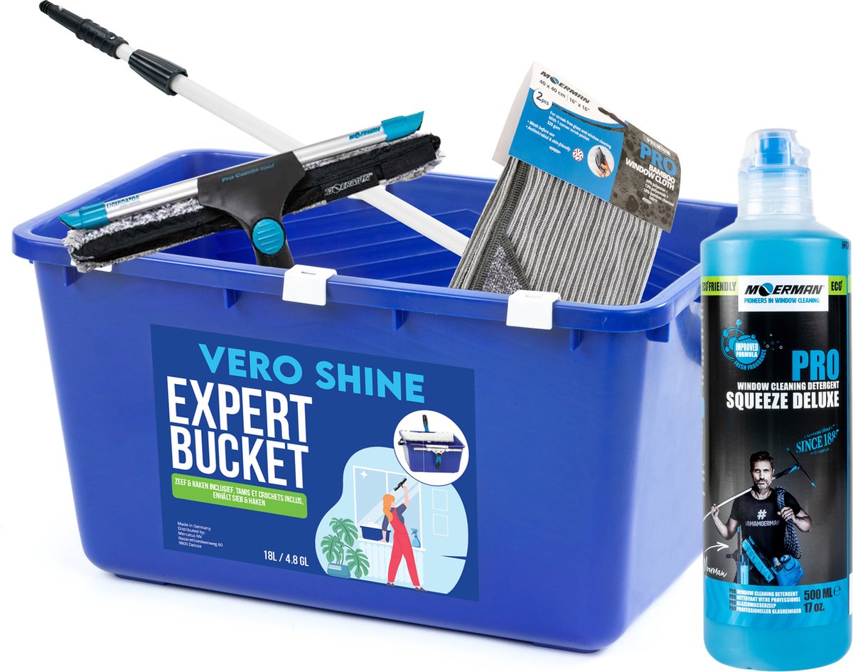 Goedkoopste Vero Shine Glazenwasserset Professioneel met Raamwisser met Inwasser (35cm), Telescoopsteel (1.20m), Microvezeldoek (40x40cm), Glaswas (500ml) en Emmer (18l