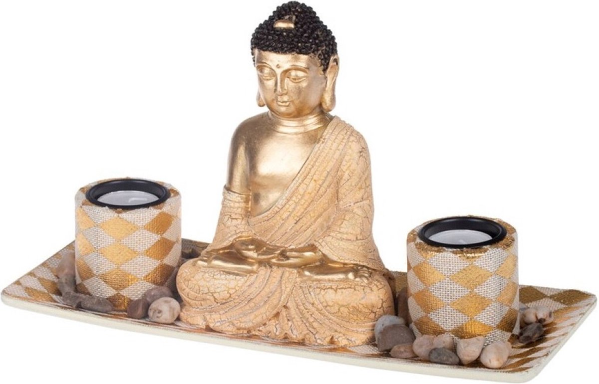 Concorde Boeddha beeld - kaarshouder - goud - polystone - 31 cm