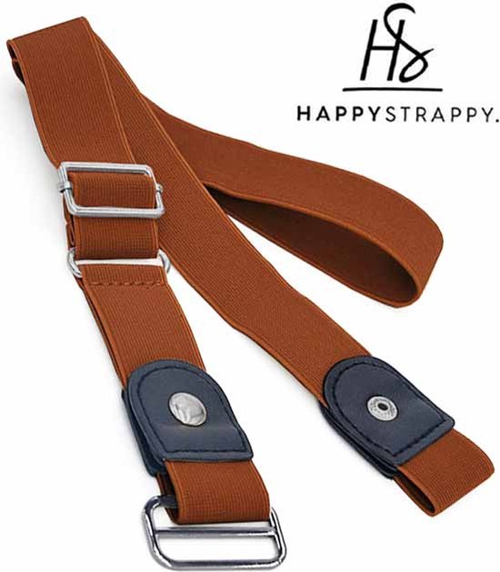 Bruine elastische riem van HappyStrappy. met gesp en drukknoopsluitingen.