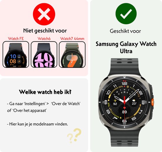 Illustratie toont geschikte Samsung Galaxy Watch Ultra en ongeschikte Watch FE, Watch6, Watch7 44mm. Toont hoe de modelnaam te vinden.