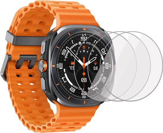 Drie screenprotectors voor Samsung Galaxy Watch Ultra 47mm met oranje band.