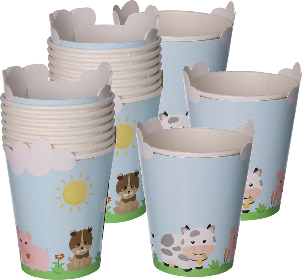 Givi Italia Feestbekers met hoesjes - 24x - boerderij dieren - papier - themafeestje - 250ml - kinderfeestje - wegwerpbekers
