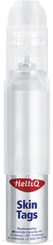 HeltiQ Skin Tags spray met witte dop, op zwarte achtergrond.