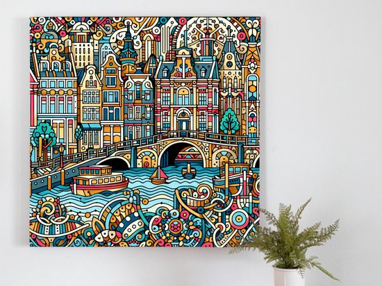 Doodle rotterdam schilderij | Rotterdamse Rotzooi: een kunstzinnig Doodle spektakel vol leven en kleur | Kunst - 50x50 centimeter op Dibond | Foto op Dibond