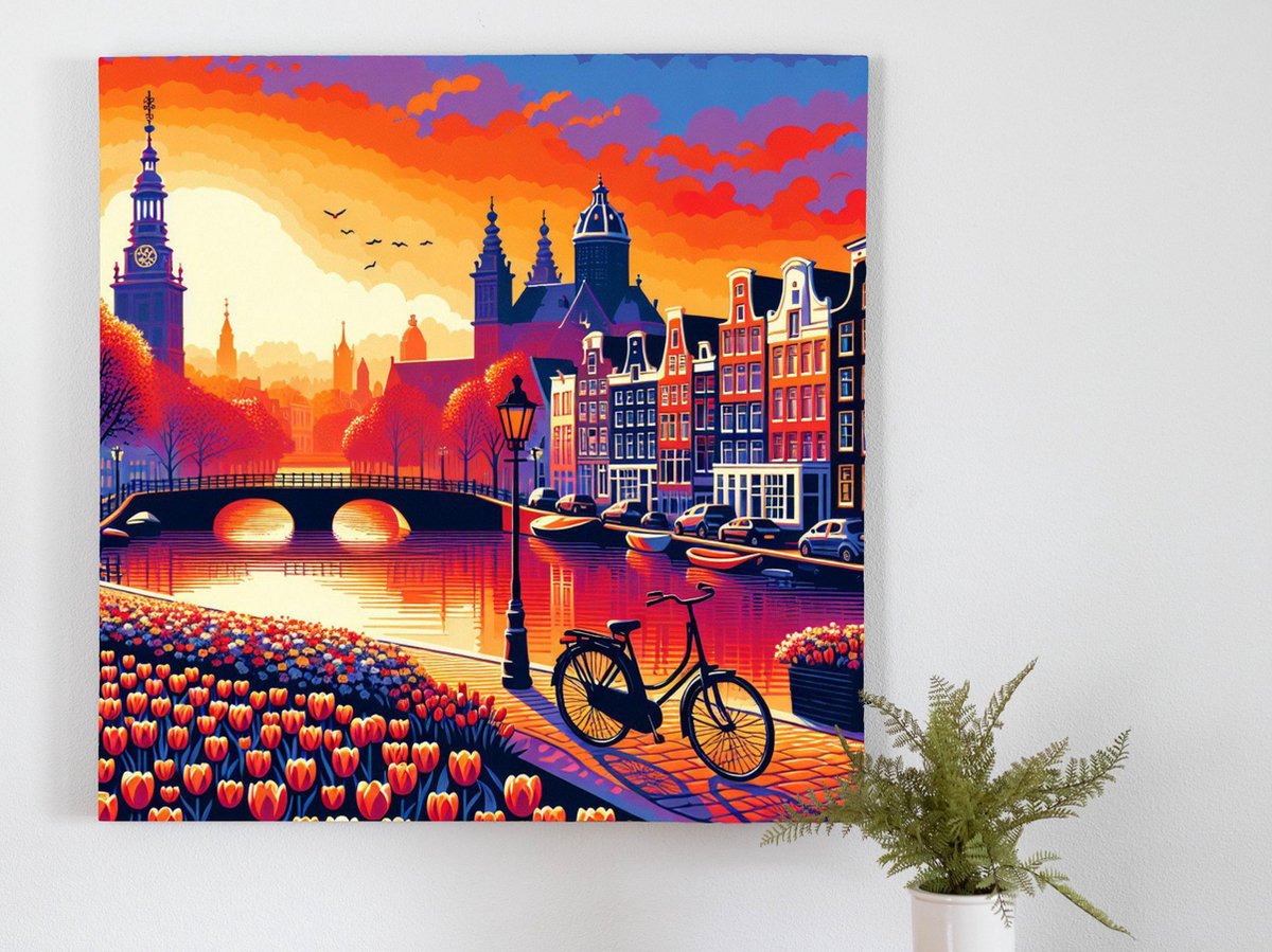 Acryl amsterdam schilderij | Kleurrijk stadsgezicht: Acryl Amsterdam Artwork in levendige 