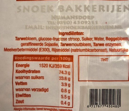 Label met voedingswaarden en ingrediëntenlijst voor 'Snoek Bakkers'.