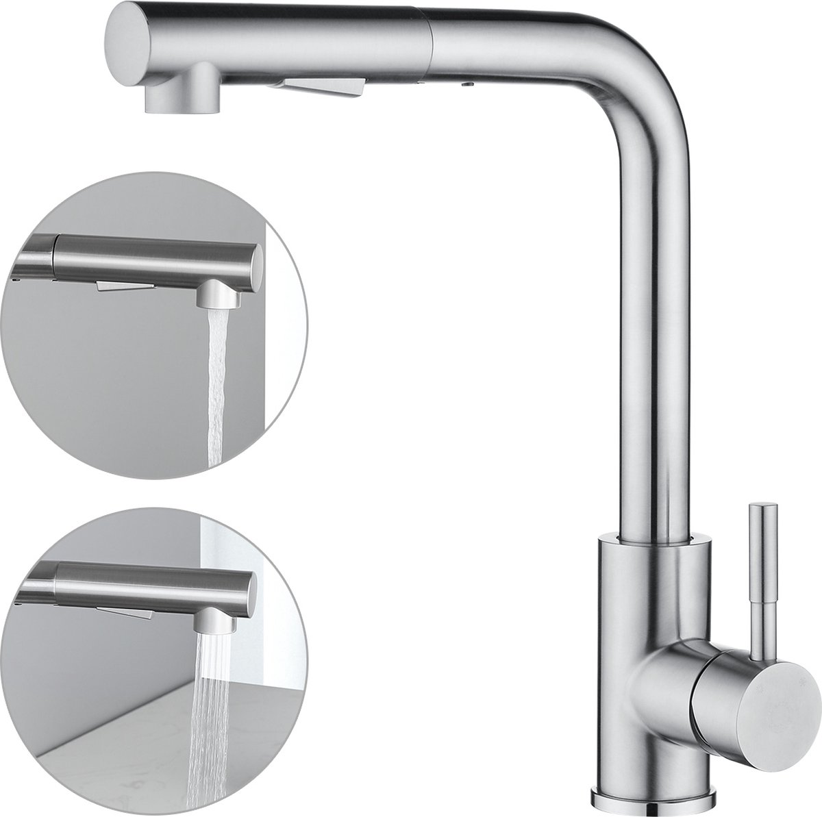 CECIPA max Keuken kraan - Keukenkraan Met Uittrekbare Uitloop - 360° Draaibare Keukenkraan - Handdouche - Keukenmengkraan - Keukenkraan Met 2 straalsoorten Zilver