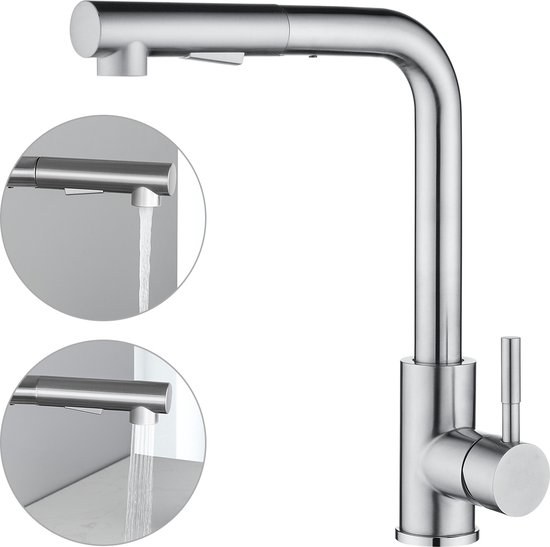 Robinet de cuisine argenté avec bec extractible, montrant deux types de jet d'eau en cercle.