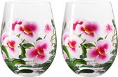 Flora - "Orchid" - set van twee tumbler glazen – geschikt voor frisdrank of voor c/mocktails – handbeschilderde bloemen - geschenkverpakking
