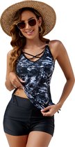 Tankini grote maat dames 2 delig- Stijlvolle badkleding- Bikini Dames- Zwempak Strandkleding Swimsuit - Zwart Bloemenprint 3XL-46