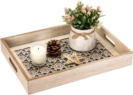 Foto: Behave dienblad rechthoek hout handige handvaten uniek design decoratie naturel 35 x 25 x 5 cm 883 g