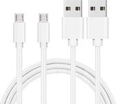 2x Micro USB naar USB A Nylon Gevlochten Kabel Zilver Wit - 1 meter - Oplaadkabel voor Realme C21 (6,5" 2021) / C21Y (6,5" 2021) / C25Y (6,5" 2021)