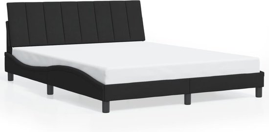 Cadre de lit noir avec tête de lit rembourrée et un matelas, sur fond blanc.