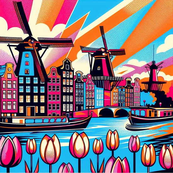 Pop art amsterdam schilderij | Amsterdamse popart levendig verbeeld: kleurrijk, modern en iconisch kunstwerk | Kunst - 100x100 centimeter op Canvas | Foto op Canvas