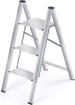 SHOP YOLO-trapladder met 3 treden-Aluminium Vouwladder Draagbare Slanke Opstapkruk Antislip Veiligheid-Opstapje Inklapbaar Trapje Opvouwbaar Huishoudelijke Stap Ladder voor-Zilver