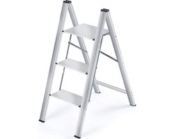 trapladder met 3 treden-Aluminium Vouwladder Draagbare Slanke Opstapkruk Antislip Veiligheid-Opstapje Inklapbaar Trapje Opvouwbaar Huishoudelijke Stap Ladder voor-Zilver