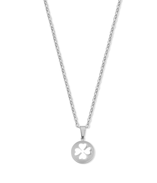 CO88 Collection 8CN-26441 Stalen Ketting met Hangertje - Klaver - 15mm - 40+5cm - Ankerschakel - 1,5mm - Cadeau voor haar - Staal - Zilverkleurig