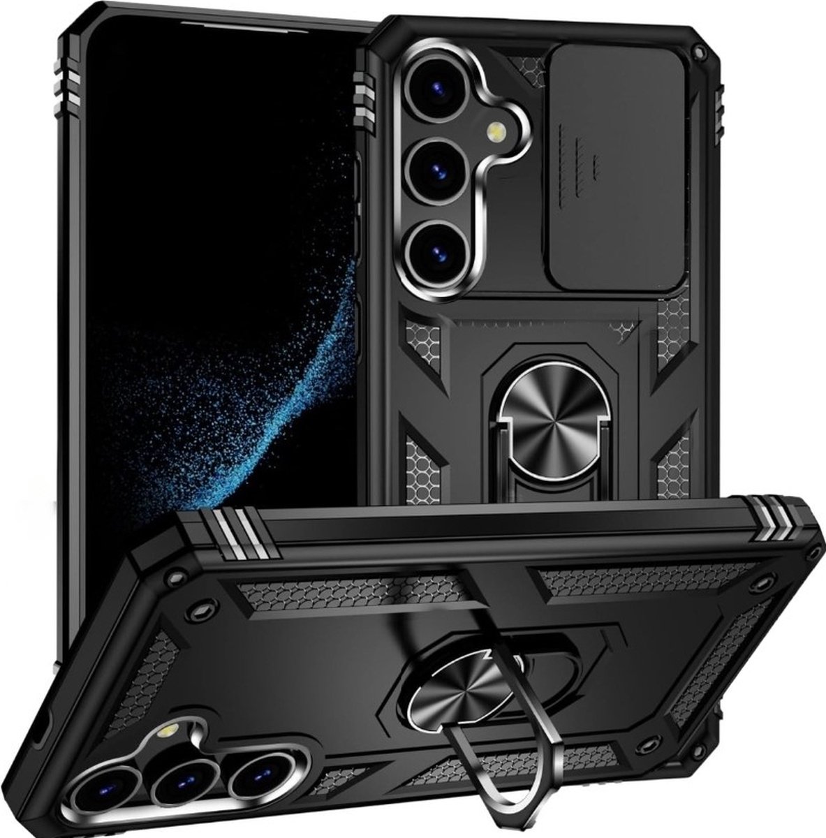 Casemania – Armor Kickstand – Ring BackCover Geschikt voor Samsung S24 5G – Zwart