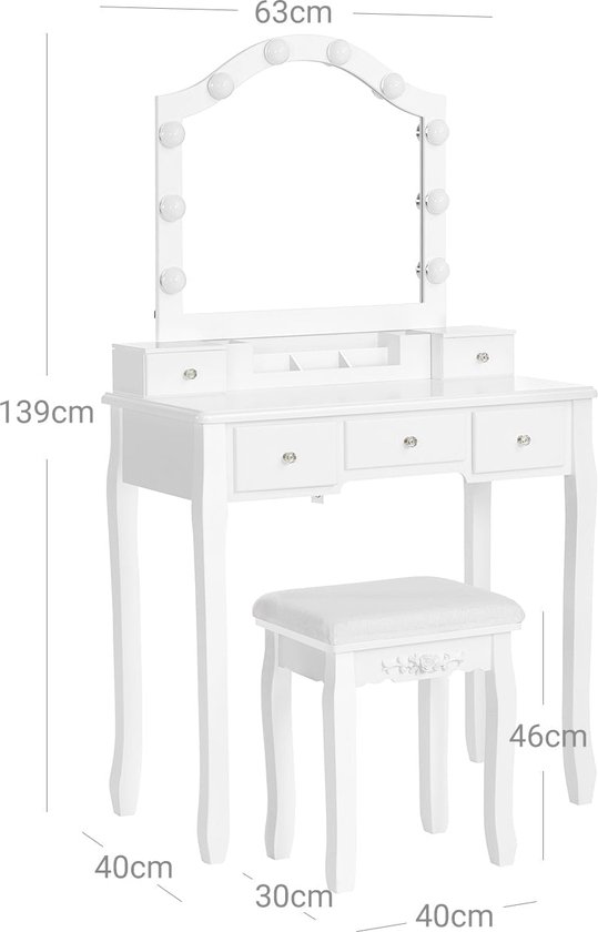 Flawless Makeup Vanity Set - Beauty Station - Cosmetische tafel - MDF-constructie - 80 cm x 40 cm x 139 cm